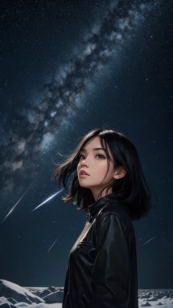 A beautiful black-haired girl surrounded by a multitude of shooting stars