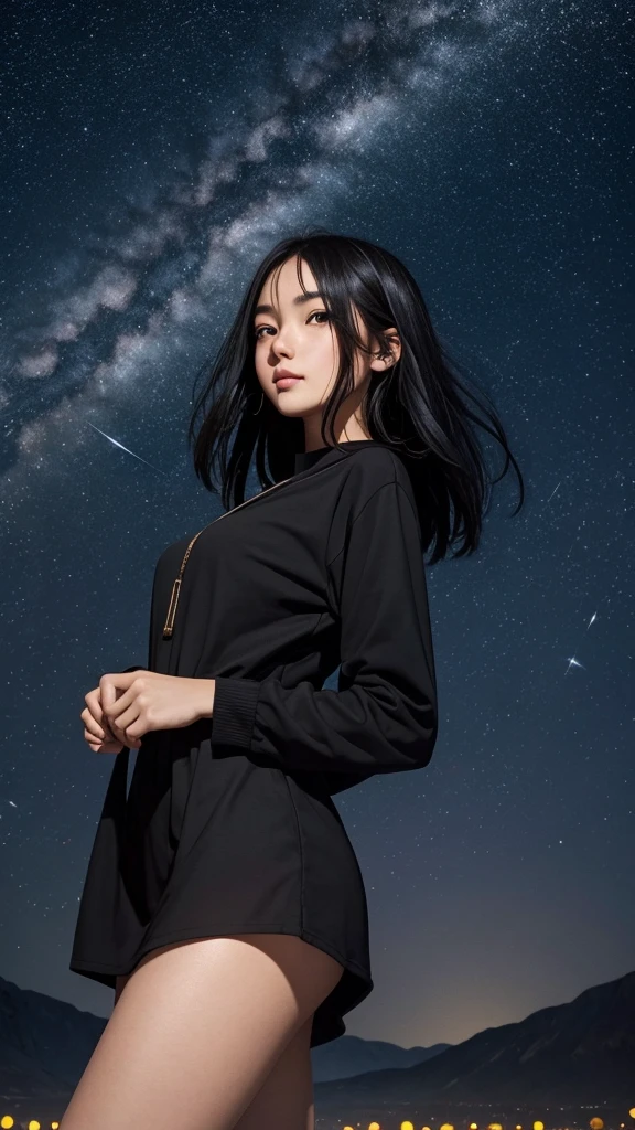 A beautiful black-haired girl surrounded by a multitude of shooting stars