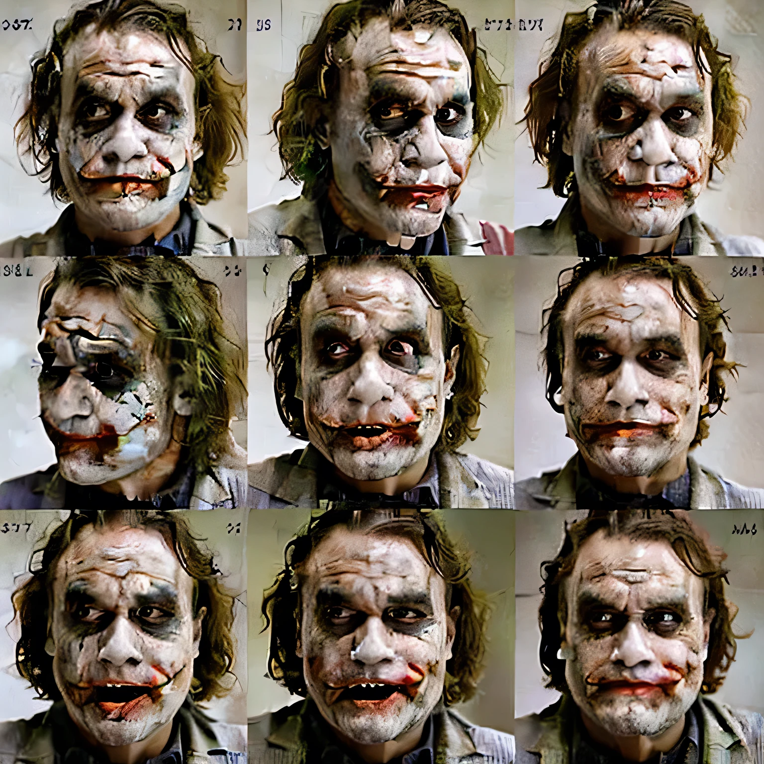 joker, green hair, white background, consistent image, high resolution, consistent colors, no changing colors, making a face with multiple different expressions, corrected faces, no distortion on subject faces, face variations, detailed facial expressions, facial expressions, realistic facial expression, detailed facial expression, facial expression, correct faces, expressions, face symmetrical, bet face, micro expressions, face symmetry, symetrical faces, neutral expressions