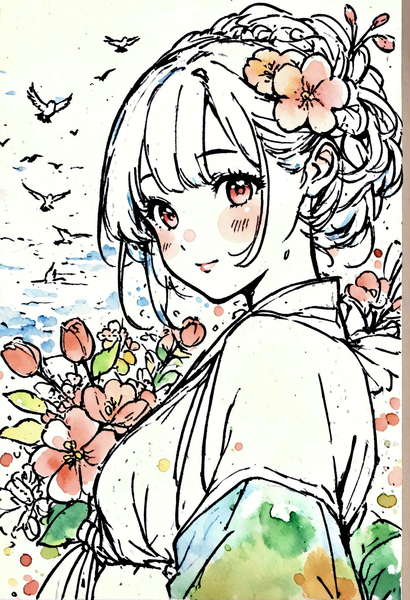 Flowers and Birds, japanese manga style, sketch, Watercolor Colors.