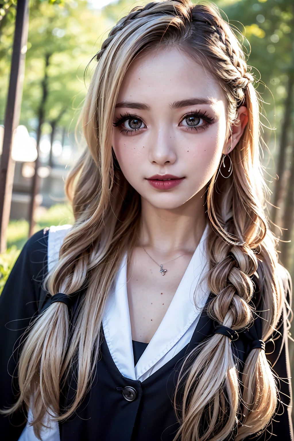 Realistic, masterpiece, Highest quality, Highest Resolution, High Detail, Soft Light, Professional Lighting, Backlight, Film Grain, The background is blurred, Japanese , (The subject was photographed from below, The subject does not look at the camera:1.3), s old, Upper body photo, Looks sleepy, inattention, Grinning, Open your mouth, Beautiful and detailed eye drawing, (Droopy eyes:1.3), Dark Eyes, Thin eyebrows, Draw eyelashes carefully, Eyelash extensions, Gal Makeup, Orange Cheek, (White brown wavy hair, Long Hair, Braid, middle part:1.3), (Hidden eyelid wrinkles:1.3), (Gothic summer school uniform:1.3), (Summer forest:1.3)