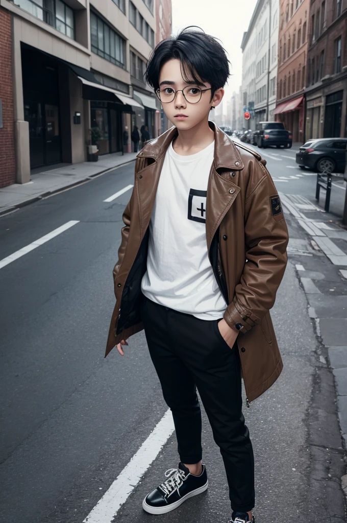 A boy standing with a lightning scar on his head with round glasses, Messy black hair, a brown jacket, white shirt with black pants and classic black shoes