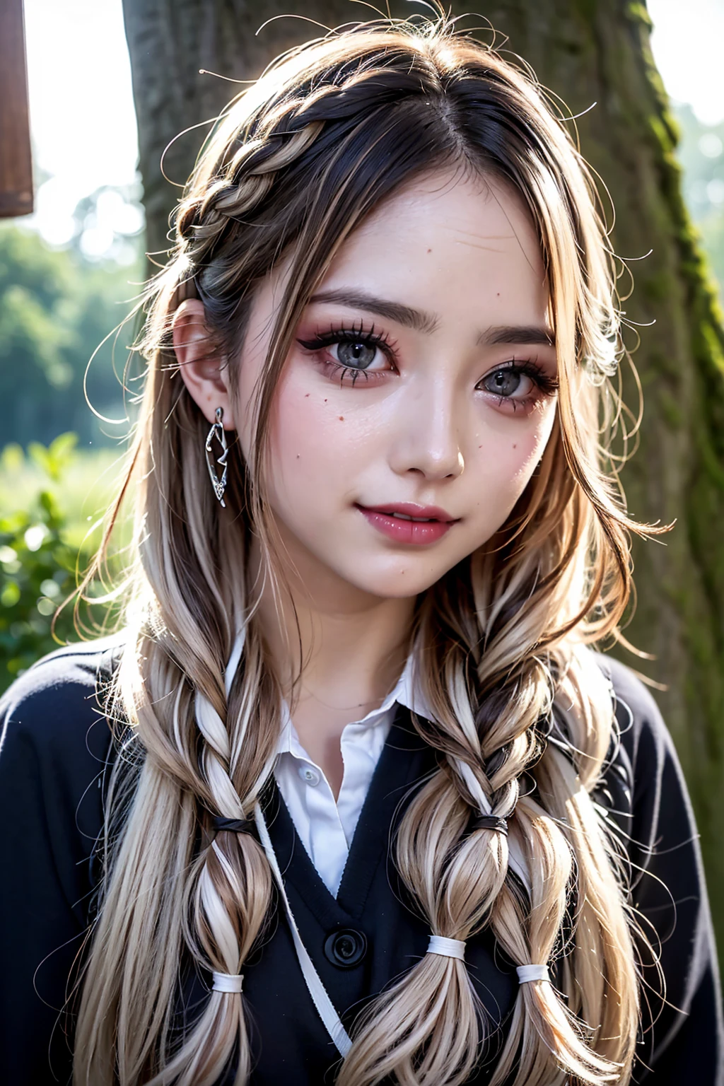 Realistic, masterpiece, Highest quality, Highest Resolution, High Detail, Soft Light, Professional Lighting, Backlight, Film Grain, The background is blurred, Japanese , (The subject was photographed from below, The subject does not look at the camera:1.3), , Upper body photo, Looks sleepy, inattention, Grinning, Open your mouth, Beautiful and detailed eye drawing, (Droopy eyes:1.3), Dark Eyes, Thin eyebrows, Draw eyelashes carefully, Eyelash extensions, Gal Makeup, Orange Cheek, (White brown wavy hair, Long Hair, Braid, middle part:1.3), (Hidden eyelid wrinkles:1.3), (Gothic summer school uniform:1.3), (Summer forest:1.3)