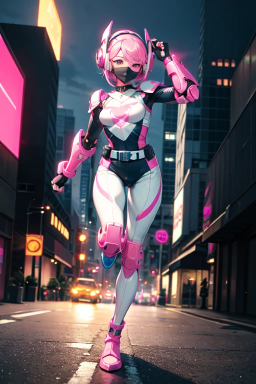 ((best quality)), ((masterpiece)), (detailed), 1 girl, full body, 20s, young adult, masked, black mask covering her entire head, smooth head, biker helmet, biker helmet with blue headphones on the sides, flashlight on her forehead, short pink hair coming out of her helmet, black collar, tall, slim, athletic, circles on her wrists, pink details, black fingerless gloves, pink wristbands, nanotech speedster suit that resembles light armor, blue chest with an emblem, blue chest, black suit with pink lines, pink speed emblem on her chest, pink emblem, blue pants, gray knee pads, metallic pink boots, white superhero belt, running through the city, pink light trail, laser, city background, anime