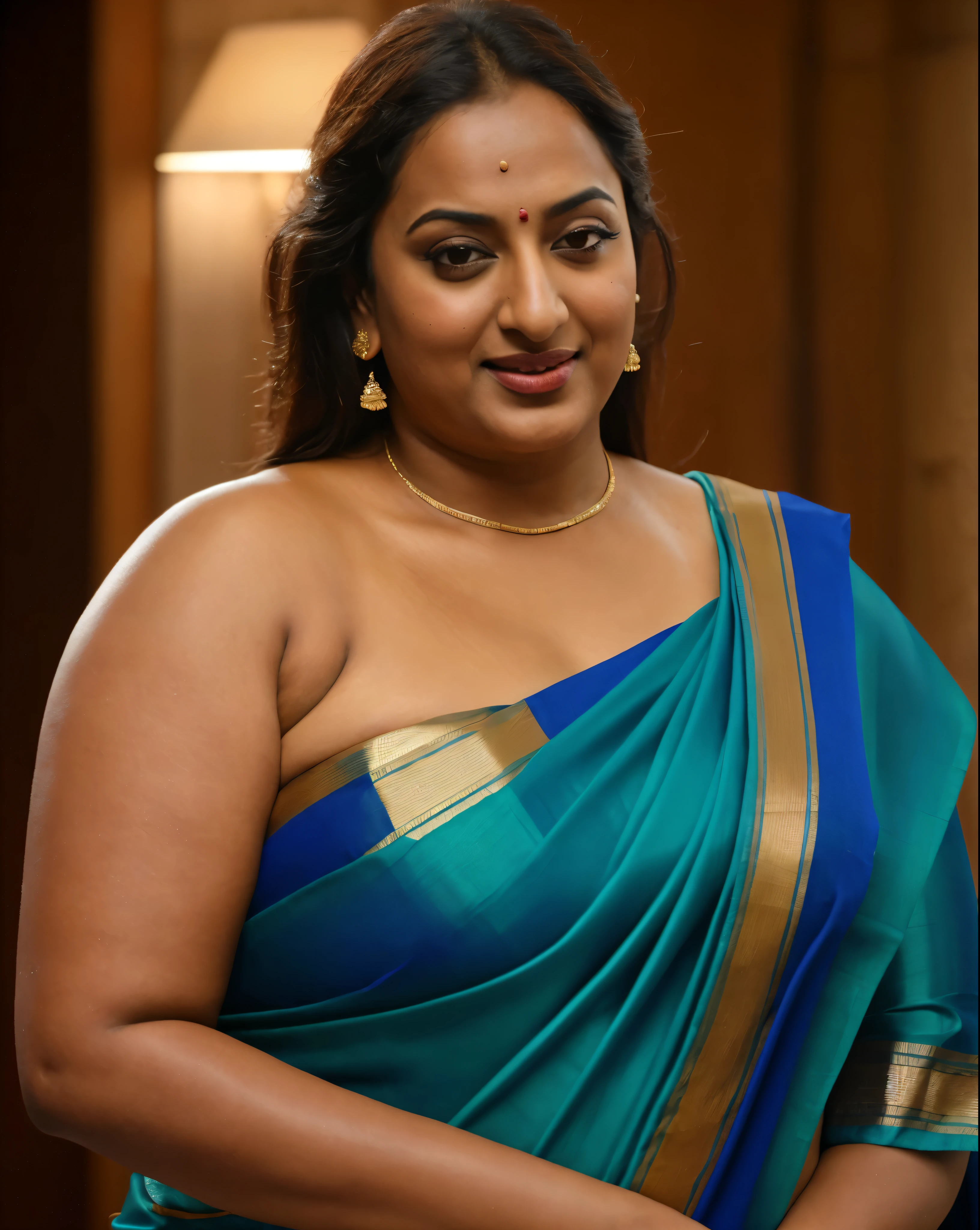 Foto RAW, photorealistic, photography, full body shot, 50 years old Woman, master shot, perfect eyes, goddess like beauty, pierced eyes, perfect thick chubby mallu Desi aunty bhabhi, Wearing a Stanapatta, a chest-band.Saree model, model Photography, Indian saree shoot, Indian traditional wear advertising photography, traditional wear brand shoot, face of Indian actress Sonakshi Sinha, masterpiece, realistic, realism, incredible details,  pleasure, photorealism, detailed skin, skin pores, high contrast, photorealistic Artstation 8k HD digital art trend of high definition and detailed realistic skin texture, ultra detail, realistic skin texture, armature, best quality, ultra high definition, (photorealistic:1.4),, high resolution, detail, raw photo, sweat, Re sharp, by Lee Jefferies Nikon D850 Film Stock Photo 4 Kodak Portra 400 Camera F1.6 Lens Rich Color Ultra Real Realistic Realistic Textures Dramatic Lighting Unreal Engine Trending at Art Station Cinestill 800,(pele altamente detalhada: 1.2), 8k UHD, DSLR, soft-lighting, alta qualidade, grain of film, Fujifilm XT3,she didn't like to wear blouse or bra, she is happy to wear only saree, she hates blouse or bra, detailed hairy armpits, hyper realistic skin, skin pores, sweat, veins, 