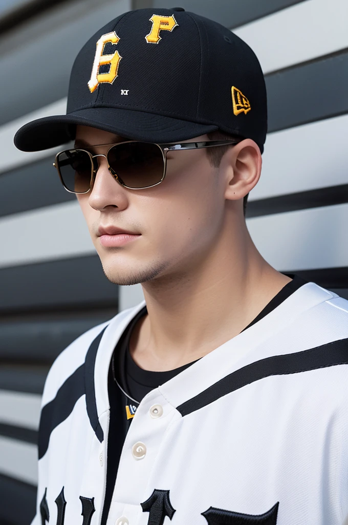 Wearing a Pittsburgh Pirates New Era hat、A pixelated image of a young white man with a two-block hairstyle and Ray-Bans