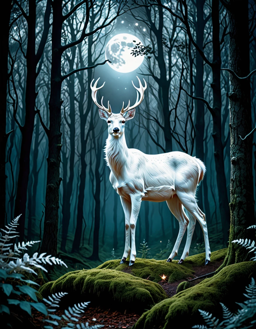 Magical white deer in a dark and mysterious forest full of magic. The deer looks towards the moon .