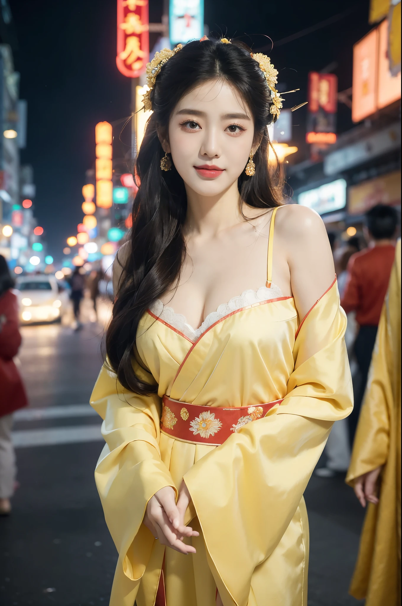 (((best quality))),(((ultra detailed))),(((masterpiece))),illustration,1girl,see through gauze Korean traditional Costume,slim,flat chest,cleavage,laughing, summer night,Korean city scape, street, neon signs, beautiful, vibrant, detailed facial features,medium hair, elegance, cultural atmosphere, bustling city, colorful advertisements, reflections, lively atmosphere, street food aroma