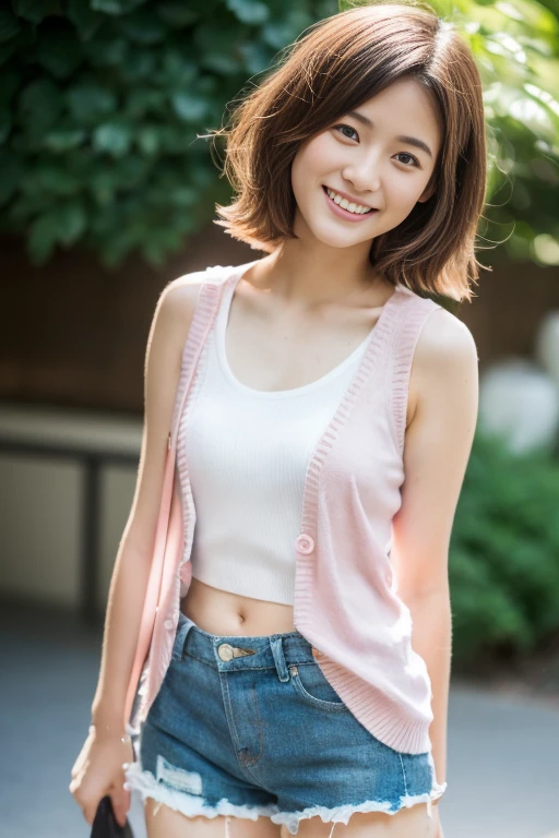 (Full body),(Light blue sleeveless cardigan),(white tank tops), Lens 135mm f1.8, (Best Quality),(Raw photo), (masutepiece:1.1), (Beautiful 16 year old Japan girl), cute face,Dappled sunlight, Dramatic Lighting、(Pink floral shorts),(beautiful thigh),Medium Hair, (Smile),(Sparkling eyes)、(Focus on the buttocks),