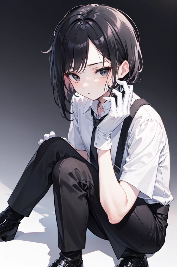 18-year-old boy,cute,Wear a white short-sleeved shirt and a black work tie,Wear black pants,Wear black booties,Wear white gloves,Black hair,Black eyes,Seductive pose