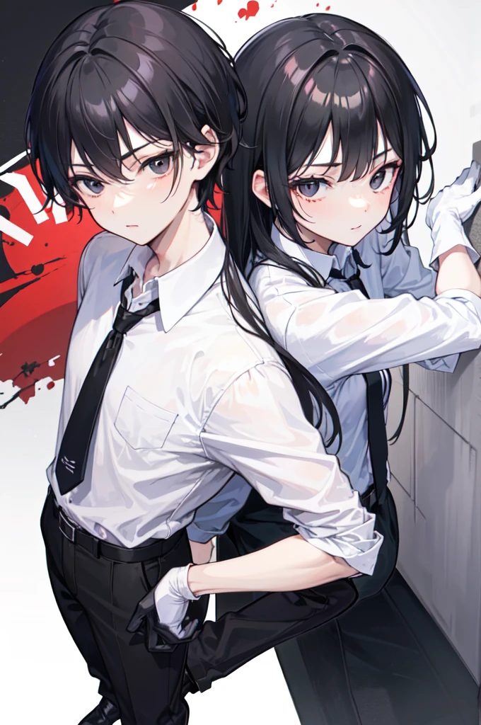 18-year-old boy,cute,Wear a white short-sleeved shirt and a black work tie,Wear black pants,Wear black booties,Wear white gloves,Black hair,Black eyes,Seductive pose