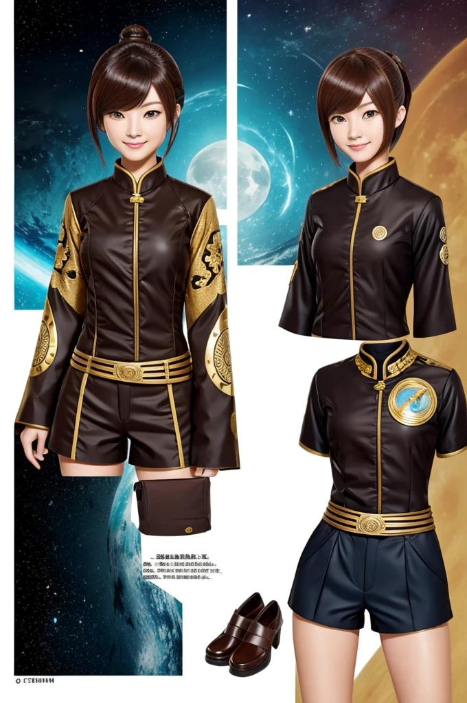 Make a Genshin Impact oc. Dale short chestnut, hair. His vision/element is anemo. She has a moon theme., bluish, Black and gold outfit. With shorts. Thin brown eyes. she is very kind, and with a good heart. She likes space and drawing.. She is sent with xiao.. mature body. slight tilt of the head, And smile. Genshin style