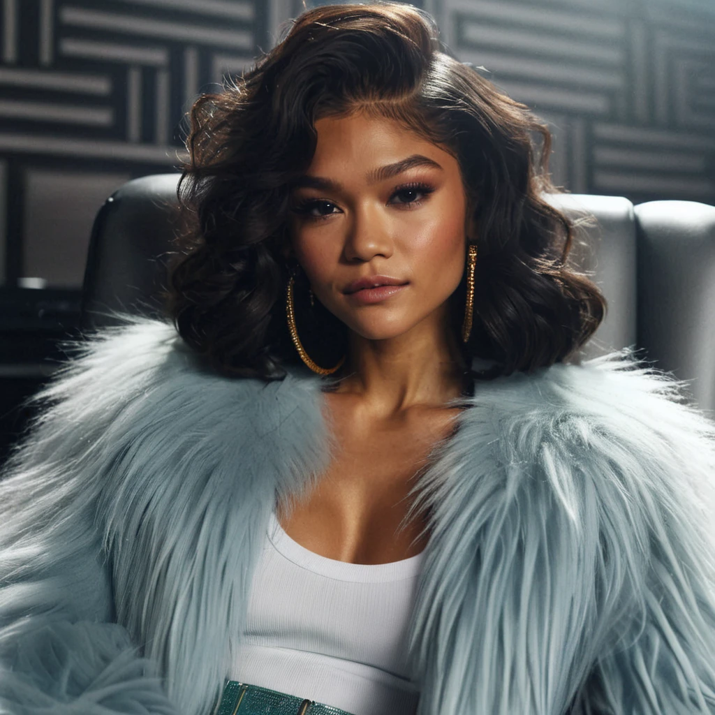 Zendaya, role model, tanned and textured skin,, long straight black hair, wearing a black blazer with a low neckline, sitting on a chair giving an interview. The background is a gray recording studio, is blurred,Photoshoot, global illumination, 4K image, ultra-detailed,