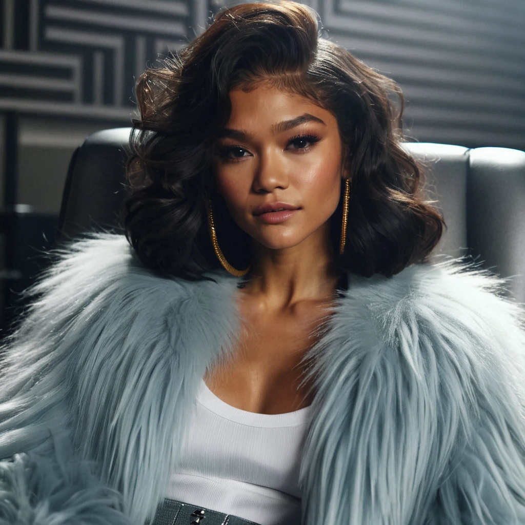 Zendaya, role model, tanned and textured skin,, long straight black hair, wearing a black blazer with a low neckline, sitting on a chair giving an interview. The background is a gray recording studio, is blurred,Photoshoot, global illumination, 4K image, ultra-detailed,