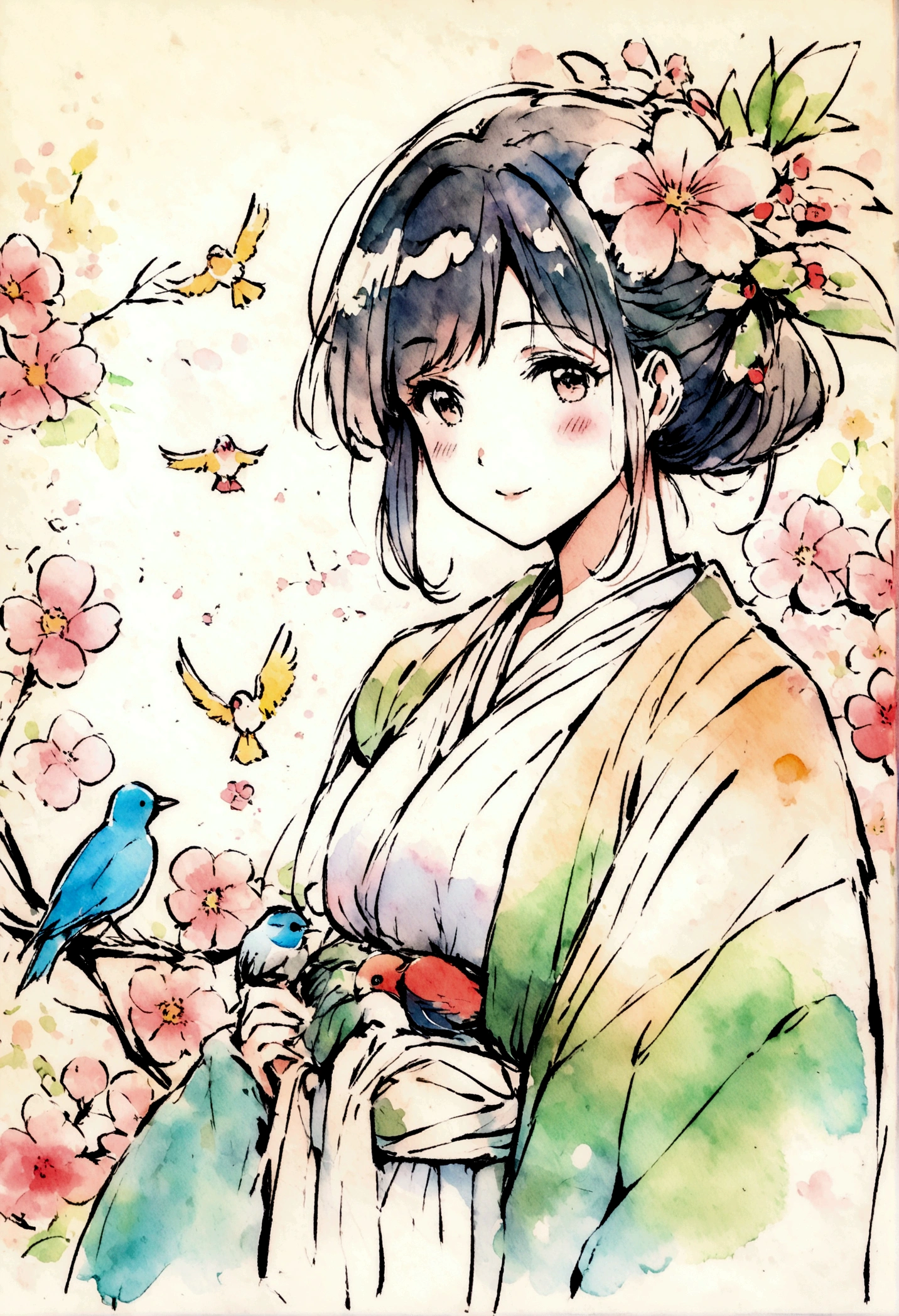 Flowers and Birds, japanese manga style, sketch, Watercolor Colors.