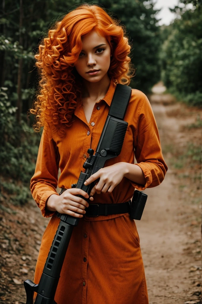 Alone girl with orange hair gun have it and curly 