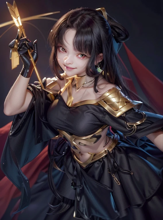  ((NFSW)), ((picture-perfect)), ((face perfect)), ((ultra detaild)) ((fully body)) ((perfectbody)), uma bela mulher de cabelos roxos e Eyes red ((Eyes red)) wearing a black dress with a belt and golden shoulder pads smiling holding an arrow in her hand, ((sensual girl)) ((NFSW)), ((picture-perfect)), ((face perfect)), ((ultra detaild)) ((fully body)) ((perfectbody))