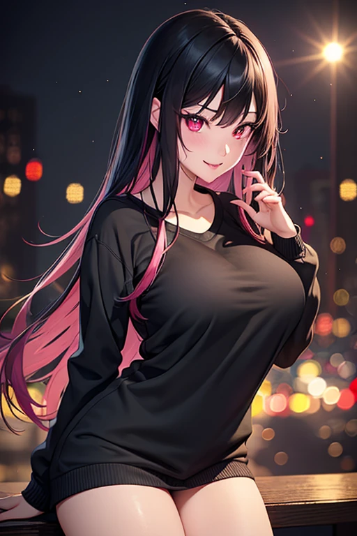 a beautiful 21 year old korean girl, vampire,long slightly waved black hair with pink highlights, sharp rosy eyes, playful smile with fangs, anime realism style, portrait, black and pink sweater (best quality,4k,8k,highres,masterpiece:1.2),ultra-detailed,(realistic,photorealistic,photo-realistic:1.37),HDR,vivid colors,professional,bokeh