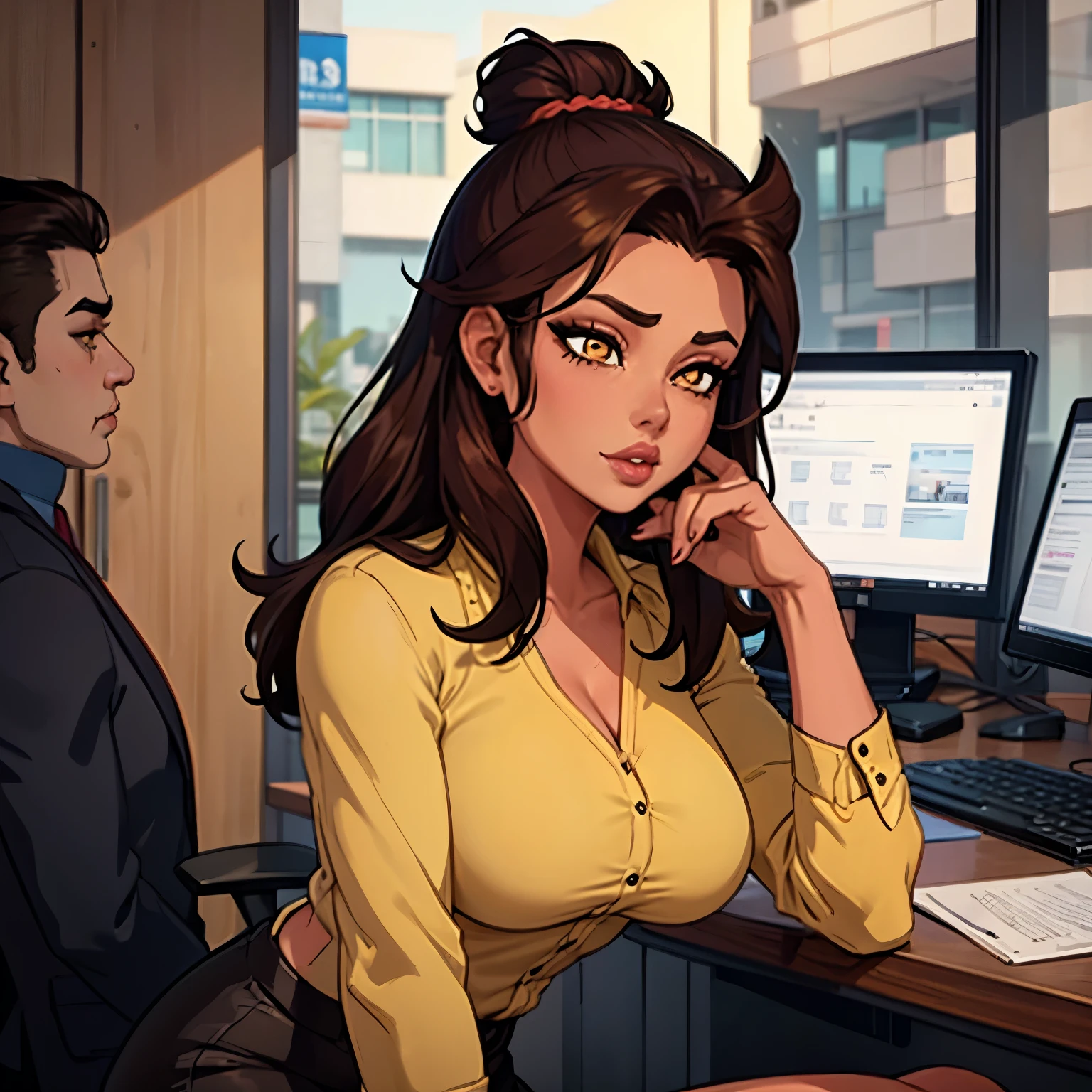 Female busty business woman, brown hair up in a bun, wearing makeup, wearing business outfit, sexy, cute, full lips, wearing lipstick, yellow clothing, brown eyes, beautiful scene,
