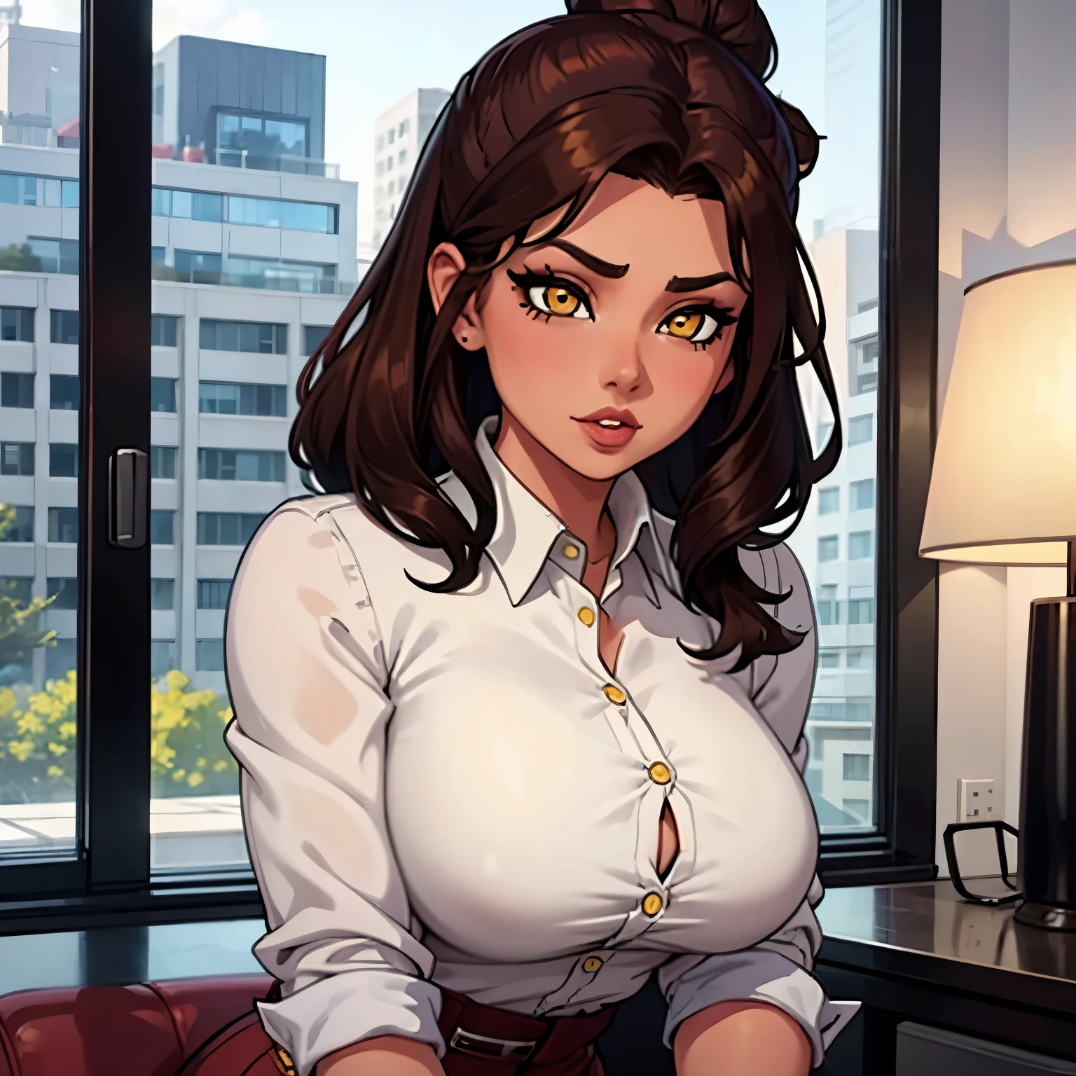 Female busty business woman, brown hair up in a bun, wearing makeup, wearing business outfit, sexy, cute, full lips, wearing lipstick, yellow clothing, brown eyes, beautiful scene,