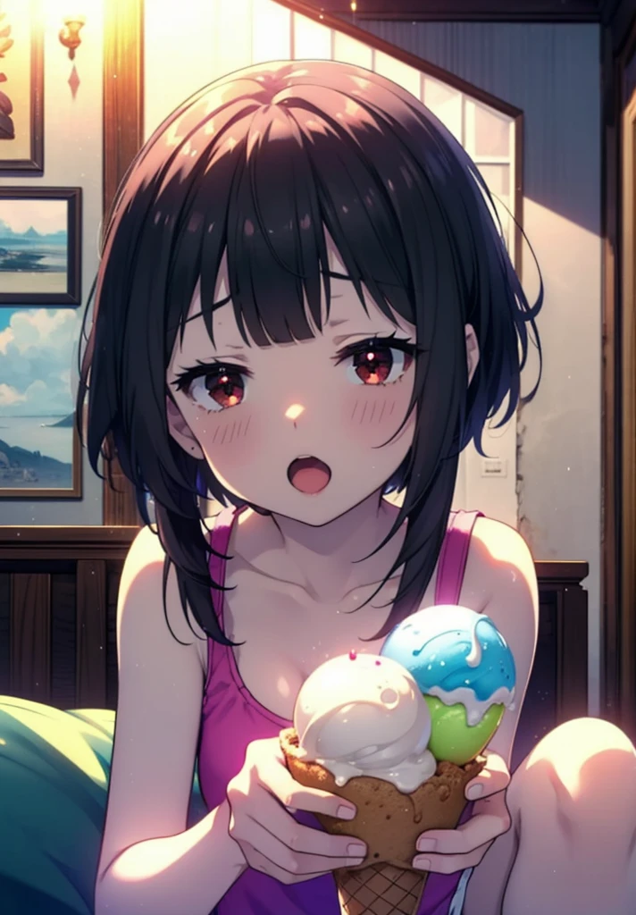 konosubaMegumin, Megumin, short hair, Black Hair, (Red eyes:1.3), short hair with long locks,smile,Tank top shirt with open mouth,Shorts,barefoot,barefoot,Holding and eating ice cream with right hand,Sitting on the sofa,whole bodyがイラストに入るように,morning,morning陽,The sun is rising,
break indoor, room,
break looking at viewer,whole body, 
break (masterpiece:1.2), Highest quality, High resolution, unity 8k wallpaper, (figure:0.8), (Beautiful attention to detail:1.6), Highly detailed face, Perfect lighting, Highly detailed CG, (Perfect hands, Perfect Anatomy),