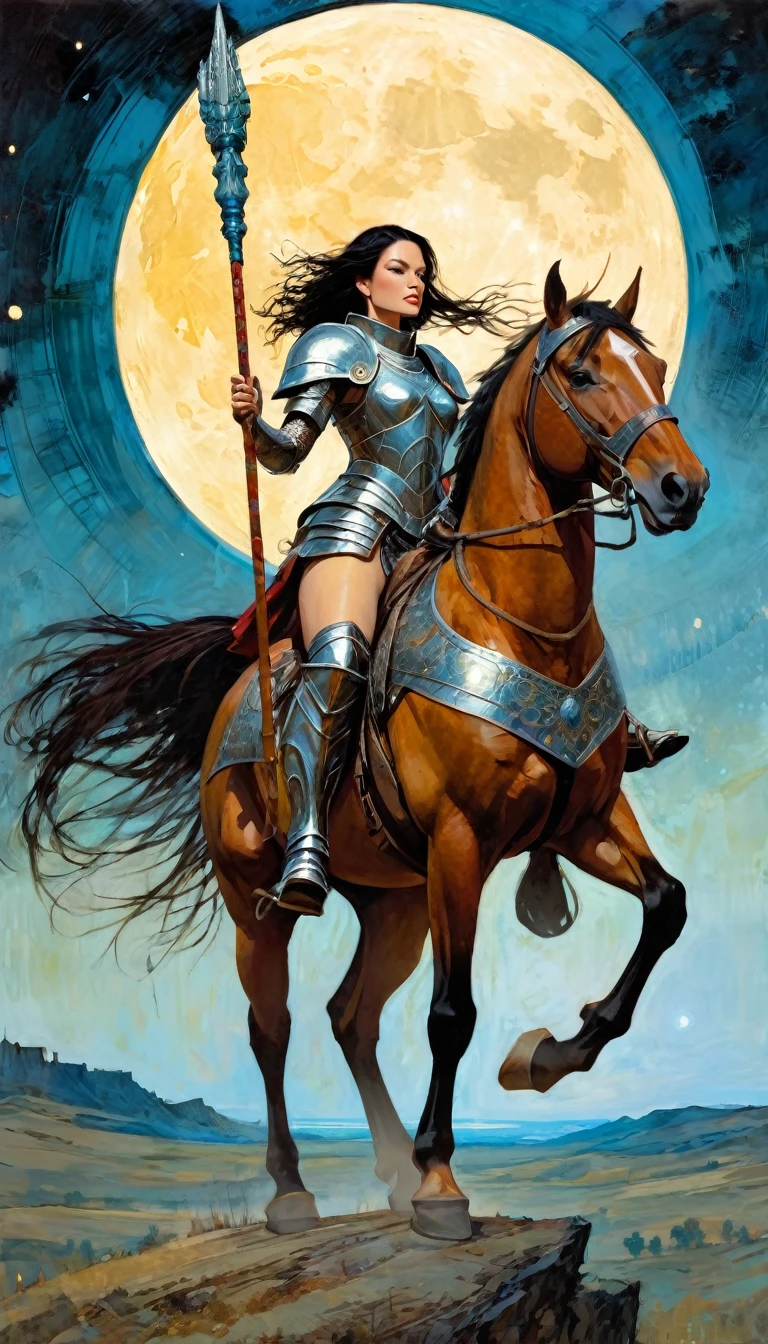 sexy female warrior in large armor riding a horse, carrying a wooden stick in one hand, moon, large landscape (art inspired by Bill Sienkiewicz, intricate details, oil painting)