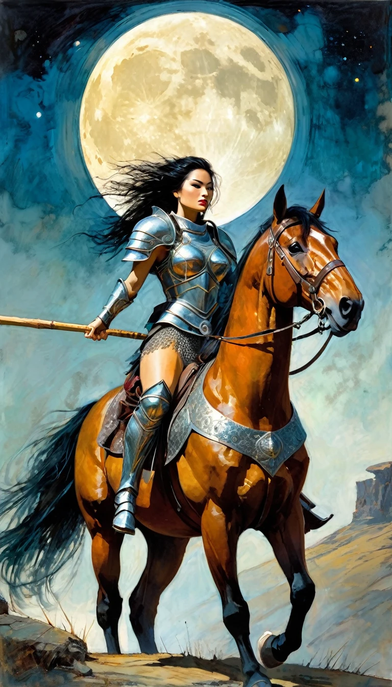 sexy female warrior in large armor riding a horse, carrying a wooden stick in one hand, moon, large landscape (art inspired by Bill Sienkiewicz, intricate details, oil painting)