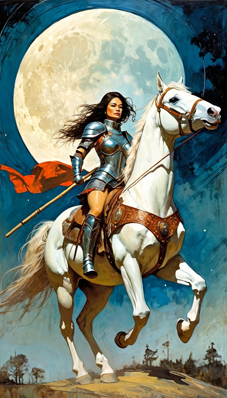 sexy female warrior in large armor riding a horse, carrying a wooden stick in one hand, moon, large landscape (art inspired by Bill Sienkiewicz, intricate details, oil painting)