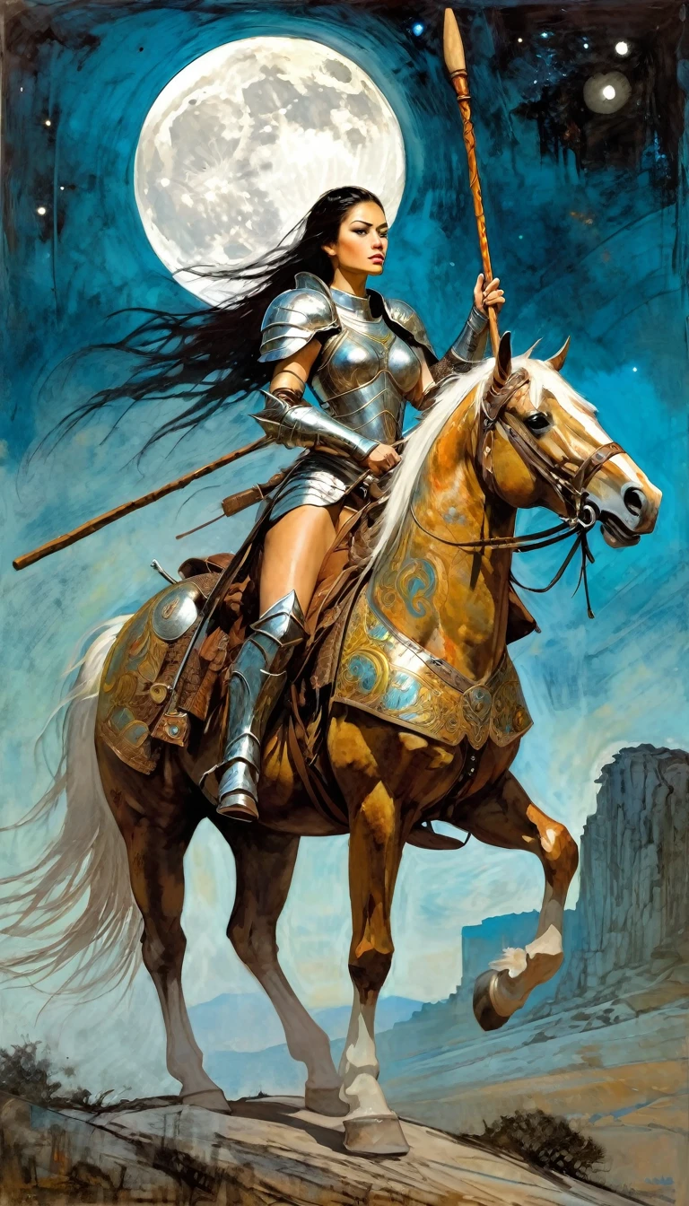 sexy female warrior in large armor riding a horse, carrying a wooden stick in one hand, moon, large landscape (art inspired by Bill Sienkiewicz, intricate details, oil painting)