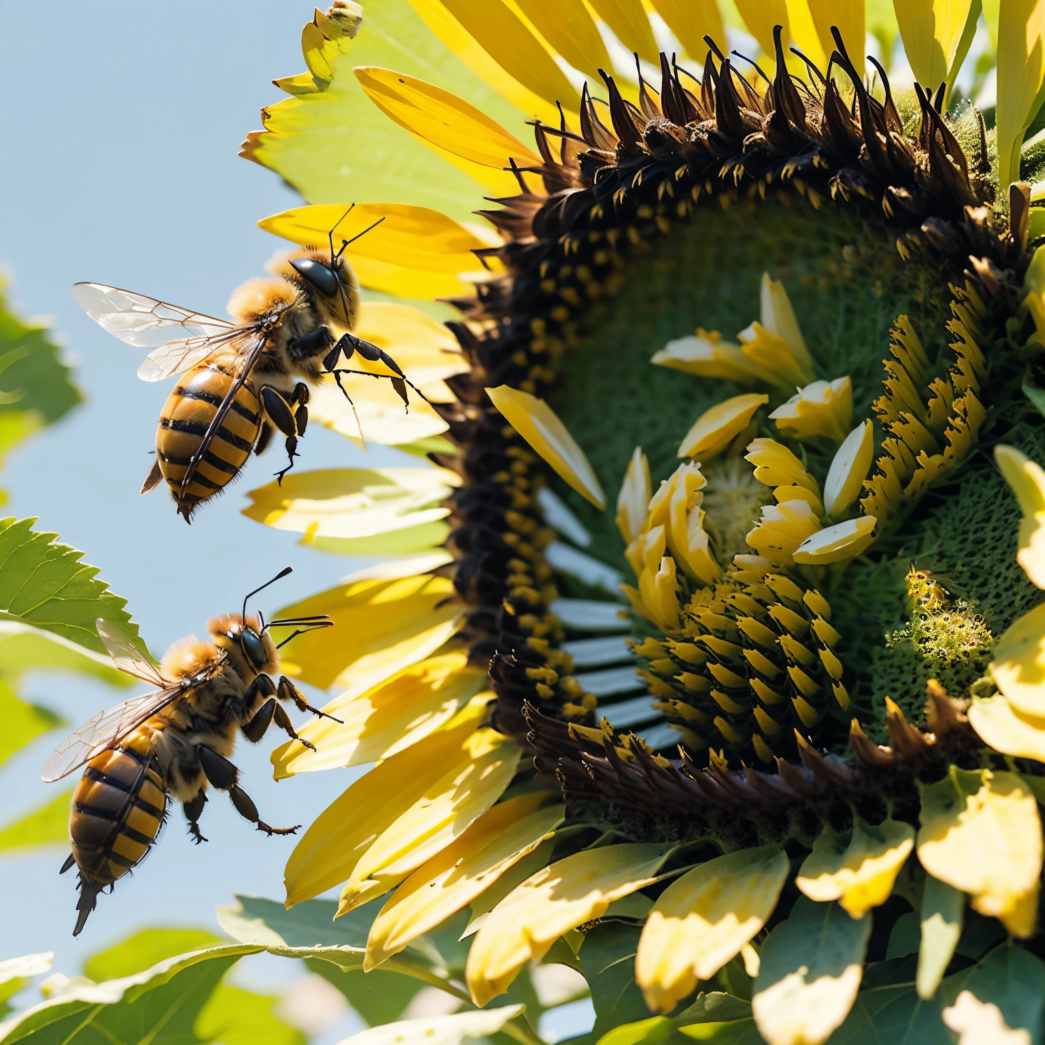 ((melhor qualidade)), ((Obra de arte)), (detalhado), bee on a sunflower, futuristic, honey, hive, vibration, colorful and geometric wings,