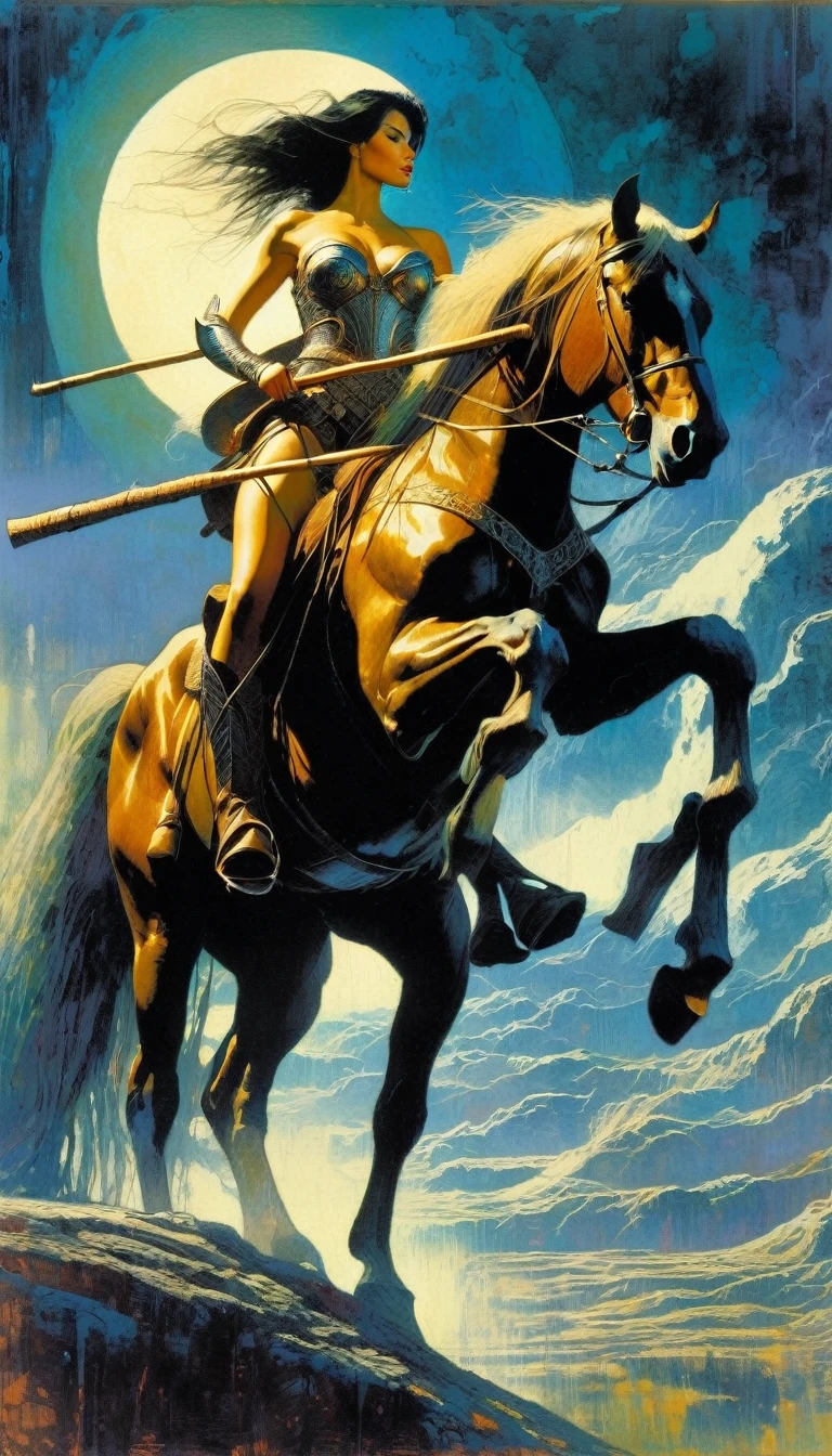 sexy female warrior in large armor riding a horse, carrying a wooden stick in one hand, moon, large landscape (art inspired by Bill Sienkiewicz, intricate details, oil painting)