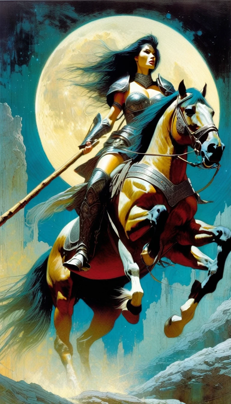 sexy female warrior in large armor riding a horse, carrying a wooden stick in one hand, moon, large landscape (art inspired by Bill Sienkiewicz, intricate details, oil painting)