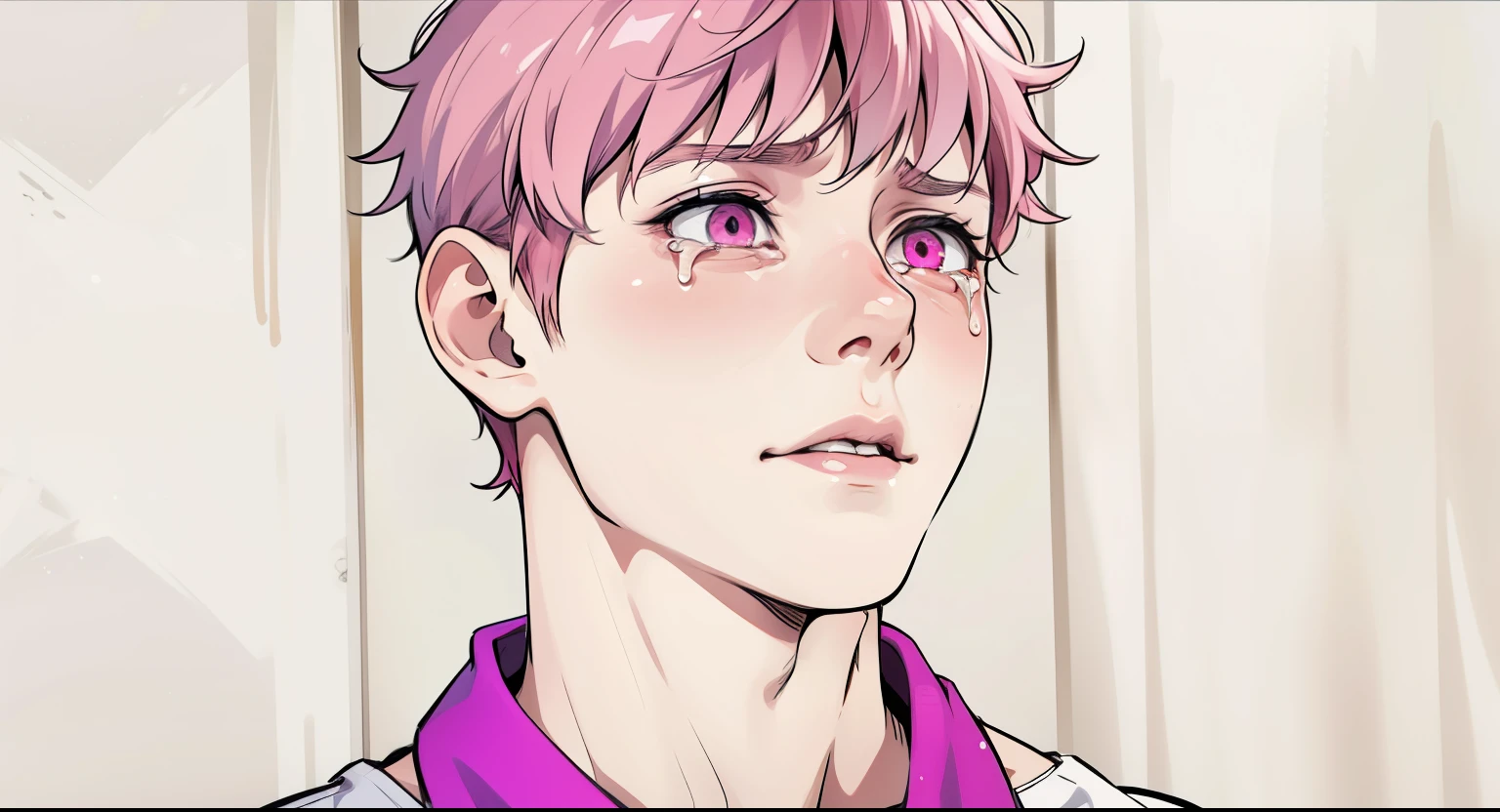 cute 14 year old boy pink hair pink eyes he is scared he is afraid, has some tears