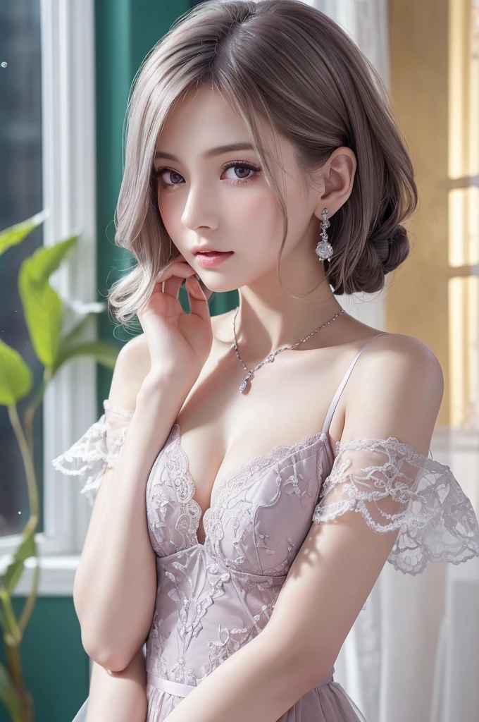 purple lace &Good, (((Very elegant and beautiful, Perfect detail, Super detailed))), whole body, The most detailed girl, Depth of written boundary, 美しく詳細なwhole body, Thin legs, 1 girl, 30 years old, Very short hair, Spiked Hair, Gray and silver hair, Beautiful detailed hair, Perfect Face, Expressionless, Beautifully detailed deep eyes, Open your mouth a little, Delicate arms and hands, Pale skin, Earrings, Beautiful and gorgeous necklace, Colorful background, HD background, Blurred Background, Very delicate and beautiful, Masterpiece, (((Highest quality, Very beautiful 8K CG wallpaper))), (((Trendy hairstyles))), (Inside the room,Stylish interior,window),