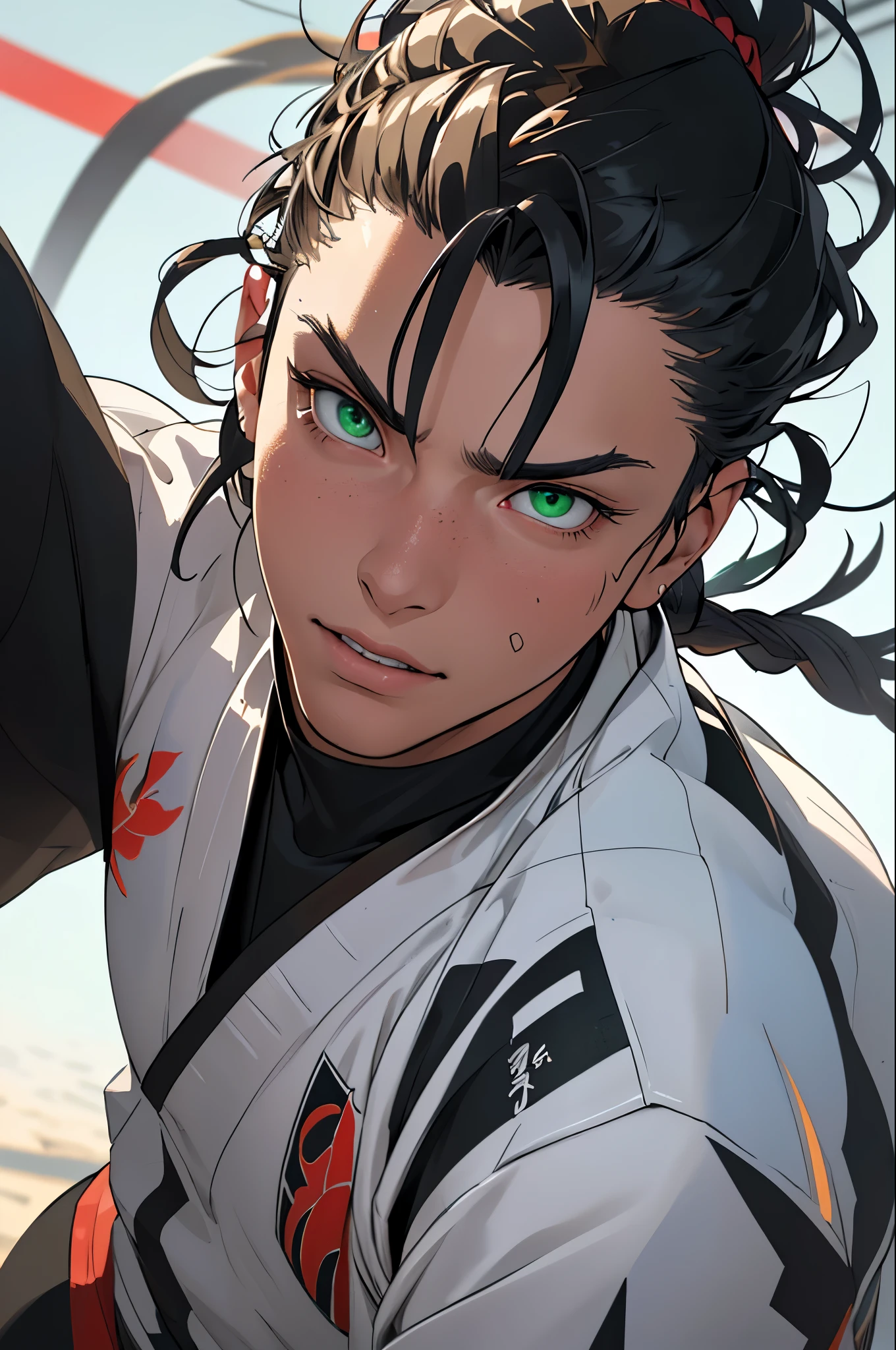 a portrait of Taekwondo fighter depictpedin a fightstance,extremely detailed facial features,beautiful detailed green eyes,beautiful detailed lips,extremely detailed face and features,long eyelashes,per,kyoto animation style,high quality,ultra-detailed,realistic,photorealistic,photo-realistic,hdr,uhd,studio lighting,ultra-fine painting,sharp focus,physically-based rendering,extreme detail description,professional,vivid colors,bokeh,concept art