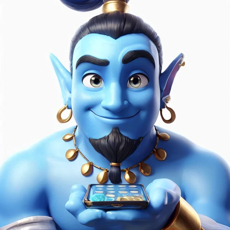 Create a 3D image of a genie inspired by the character from Aladdin. The genie should be blue and looking straight ahead. The background of the image should be completely white. The genie should have a magical and mystical appearance, with details like a well-defined beard, pointed ears, and clothes that reflect his exotic nature. Include a subtle glow around the genie to give a magical feel. Shadows and lighting should enhance the figure, making it imposing and realistic.

Details

Skin color: Blue, with nuances for depth.
Facial expression: Friendly and wise, with a slight smile.
Clothes: Classic Arabian style, with golden jewelry and ornate details.
Posture: Impressive and confident, with arms crossed or in front.
Skin texture: Smooth, but with subtle details showing muscles and facial contours.
Lighting: Light should come from above and slightly in front, creating soft shadows.
Artistic style: Realistic 3D, with attention to details and textures.
