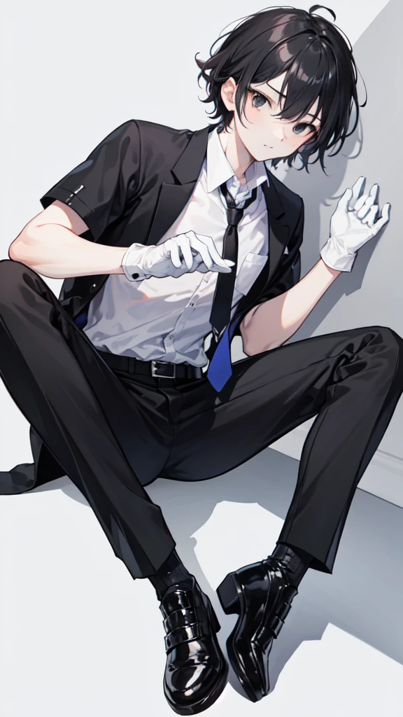 18-year-old boy，cute，Wear a white short-sleeved shirt and a black work tie，Wear black pants，Wear black booties，Wear white gloves，Black hair，Black eyes，Seductive pose