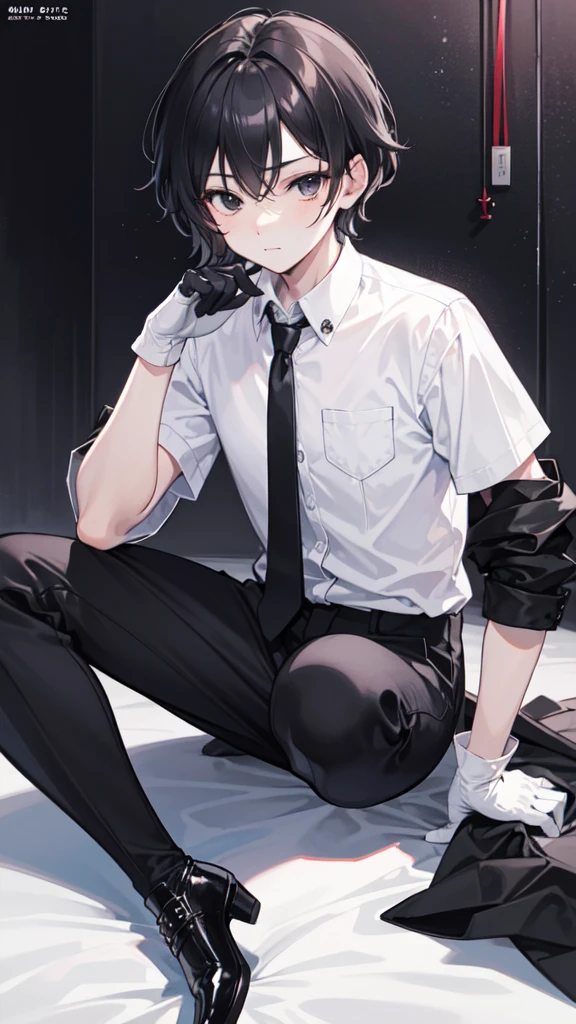 18-year-old boy,cute,Wear a white short-sleeved shirt and a black work tie,Wear black pants,Wear black booties,Wear white gloves,Black hair,Black eyes,Seductive pose