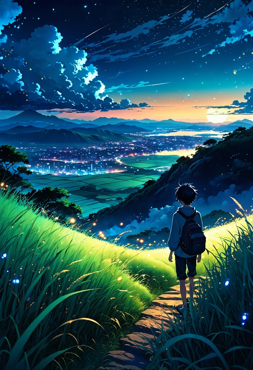 anime landscape of a boy on a hill with grasses and fireflies emerging, with dark blue clouds, night scene, cerene sky, anime nature wallpapers, beautiful anime scene, beautiful anime peace scene, Makoto Shinkai Cyril Rolando, beautiful anime scene, amazing wallpaper, anime art wallpaper 8k, anime background, art anime background, anime 4k wallpaper, anime art 4k wallpaper, anime art 4k wallpaper,