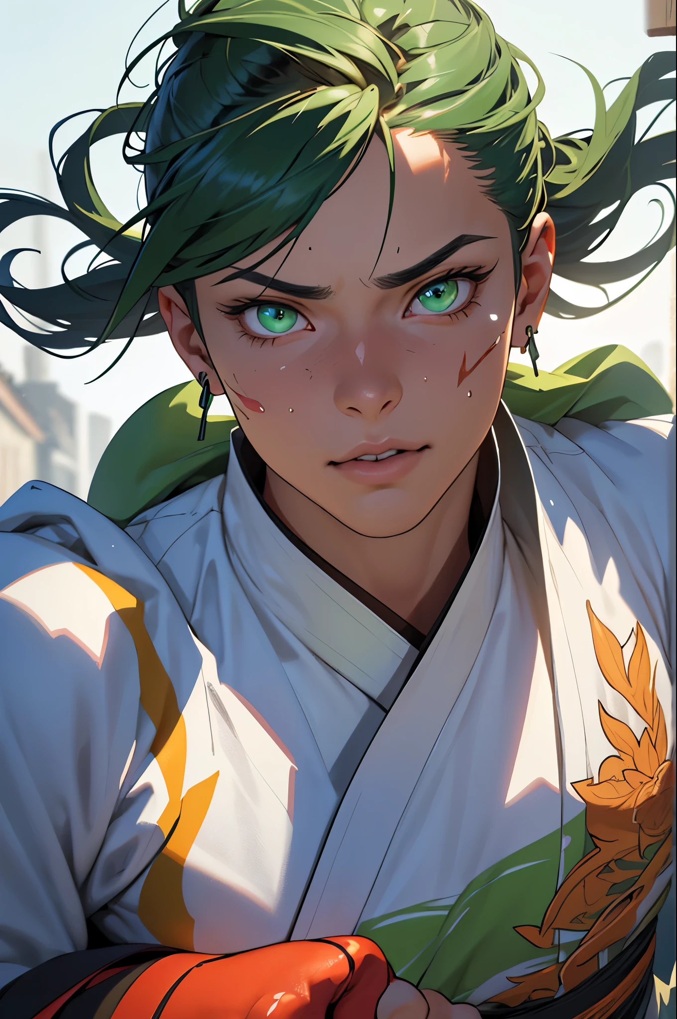 a portrait of Taekwondo fighter depictpedin a fightstance,extremely detailed facial features,beautiful detailed green eyes,beautiful detailed lips,extremely detailed face and features,long eyelashes,per,kyoto animation style,high quality,ultra-detailed,realistic,photorealistic,photo-realistic,hdr,uhd,studio lighting,ultra-fine painting,sharp focus,physically-based rendering,extreme detail description,professional,vivid colors,bokeh,concept art