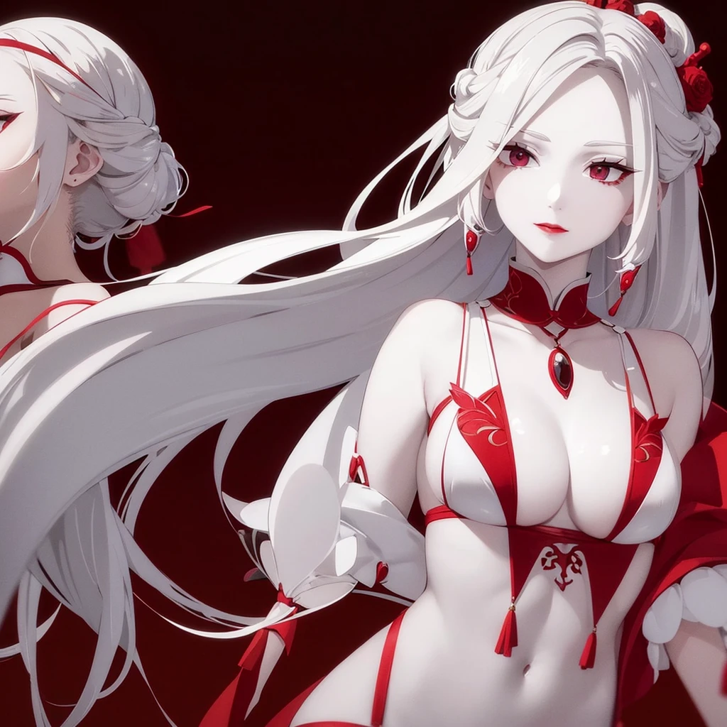 White hair,pale skin, Red eyes, red painted lips,a loose white dress.