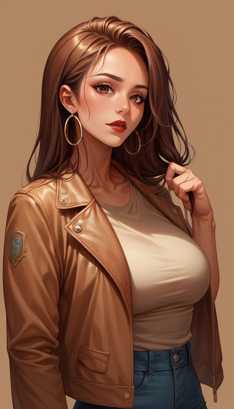 masterpiece, Highest quality, 8K, Official Art, Cinematic Light, Ultra-high resolution, Close-up photo of the face、One mature woman, Sexy mother, Earrings, Long Hair, View your viewers, hoop Earrings, Brown Hair, Brown eyes, Brown background, Jacket, Red lips、Hair pulled back tightly、