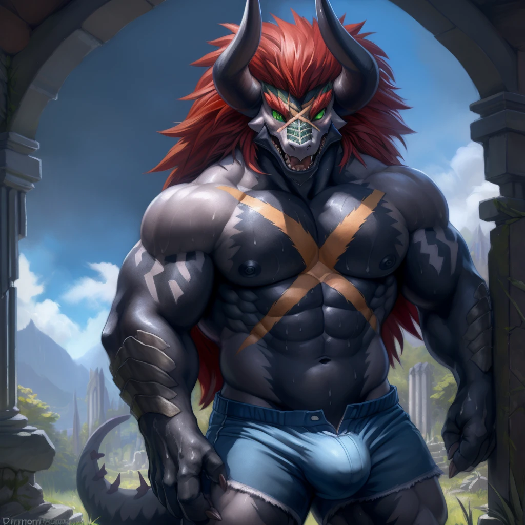 solo, breath (ultra detailed), a beautiful and detailed full size portrait of a male anthro batzz, demon lord dragon batzz, dragon tail, green eyes, glowing eyes, black body, black skin, long hair, red hair, horns, scar, tail, bedroom eyes, detailed eyes, big body, sexy body, (wide body). goddess, kenket, Ross Tran,ruan jia, trending on artstation,foxovh, cenematic lighting, buff, big pecs, dakimakura design, muscular anthro, spike arms, strong legs, ((big pecs, nipples, big pecs, blue shorts, bulge))), day, wet, front view,standing, against wall, ruins, big butt, blush, ((arms on pecs)), open mouth, sexy, vip, bed, sweating,
