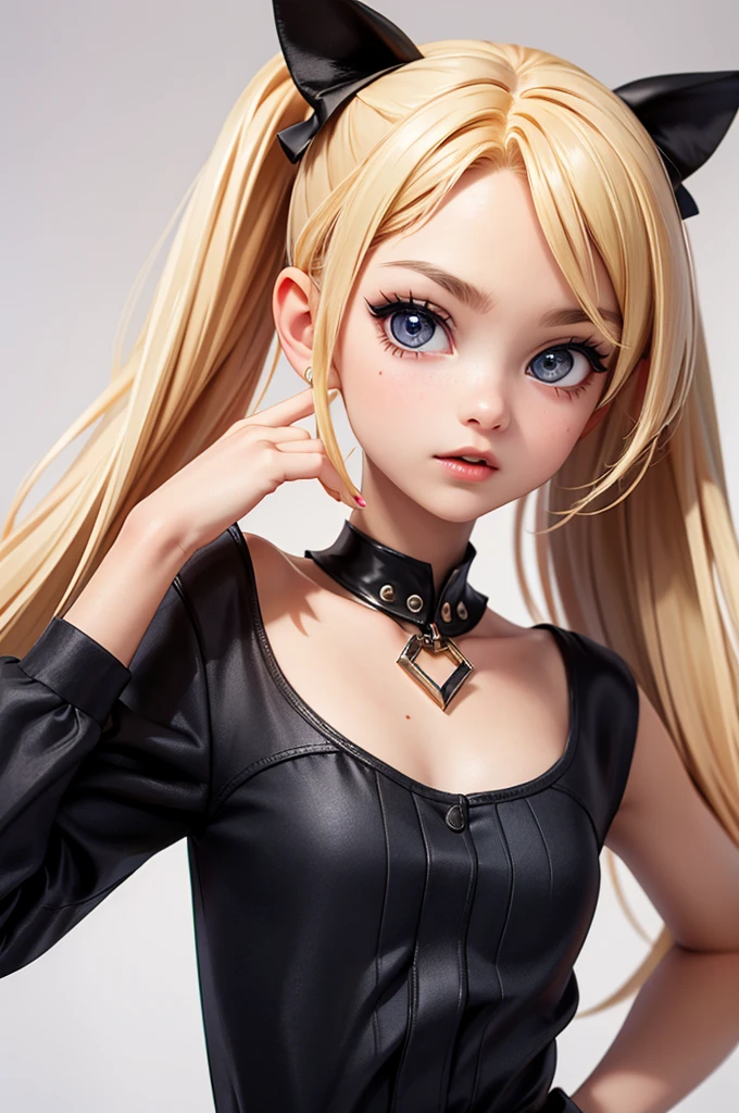 hyperrealistic 14 year old american teen, blonde, perfect tiny body, sexy, dark makeup, perfect slim face, big red lips, very cute face, tiny body, big eyes, young looking, childish looking, two ponytails, dog costume