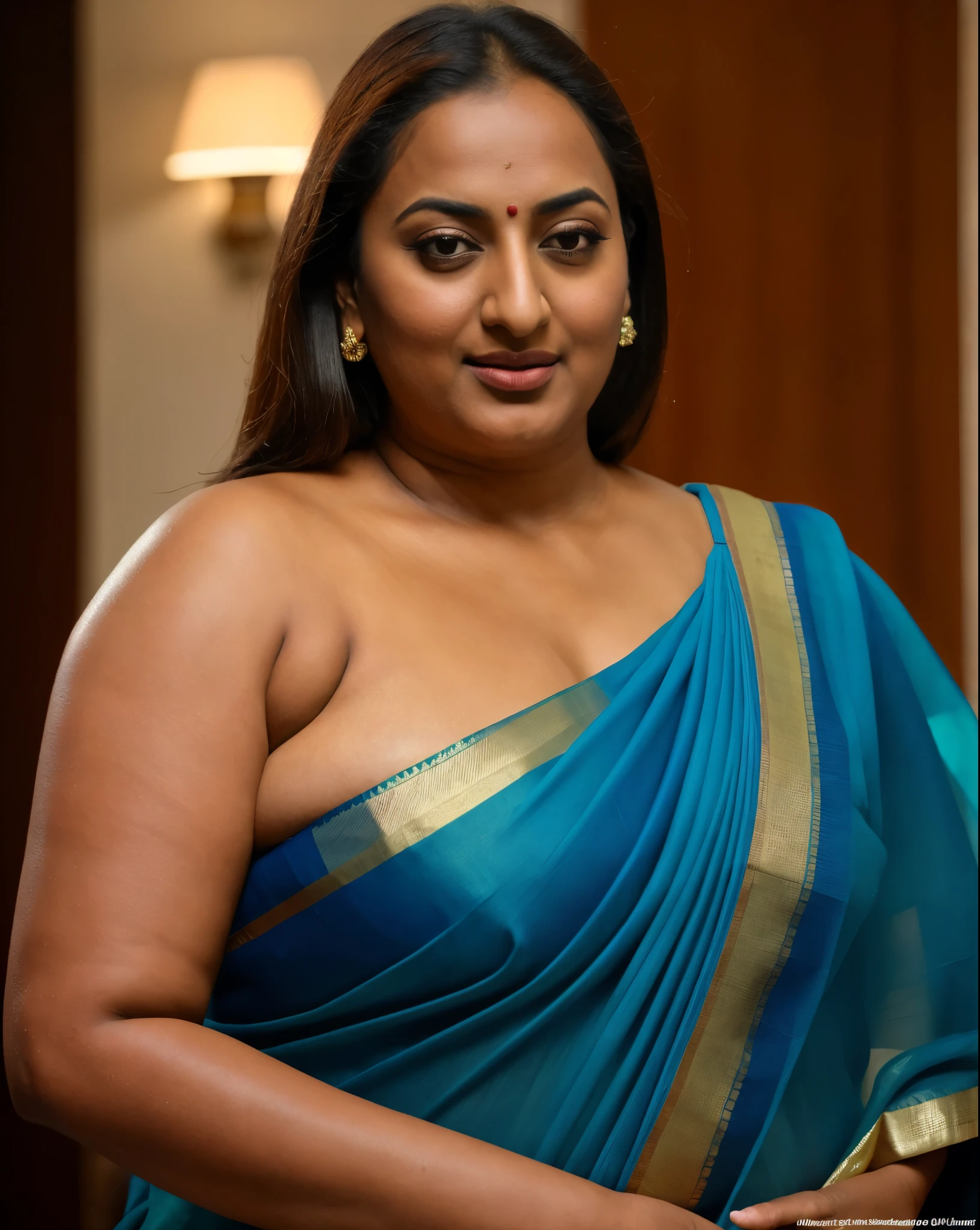 Foto RAW, photorealistic, photography, full body shot, 50 years old Woman, master shot, perfect eyes, goddess like beauty, pierced eyes, perfect thick chubby mallu Desi aunty bhabhi, Wearing a Stanapatta, a chest-band.Saree model, model Photography, Indian saree shoot, Indian traditional wear advertising photography, traditional wear brand shoot, face of Indian actress Sonakshi Sinha, masterpiece, realistic, realism, incredible details, pleasure, photorealism, detailed skin, skin pores, high contrast, photorealistic Artstation 8k HD digital art trend of high definition and detailed realistic skin texture, ultra detail, realistic skin texture, armature, best quality, ultra high definition, (photorealistic:1.4),, high resolution, detail, raw photo, sweat, Re sharp, by Lee Jefferies Nikon D850 Film Stock Photo 4 Kodak Portra 400 Camera F1.6 Lens Rich Color Ultra Real Realistic Realistic Textures Dramatic Lighting Unreal Engine Trending at Art Station Cinestill 800,(pele altamente detalhada: 1.2), 8k UHD, DSLR, soft-lighting, alta qualidade, grain of film, Fujifilm XT3,she didn't like to wear blouse or bra, she is happy to wear only saree, she hates blouse or bra, detailed hairy armpits, hyper realistic skin, skin pores, sweat, veins,