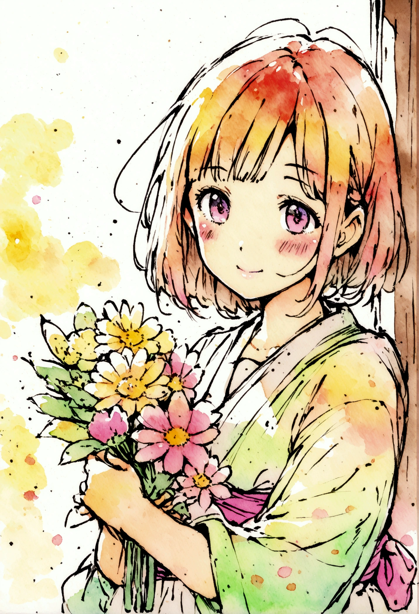 flower,girl, japanese manga style, sketch, Watercolor Colors.