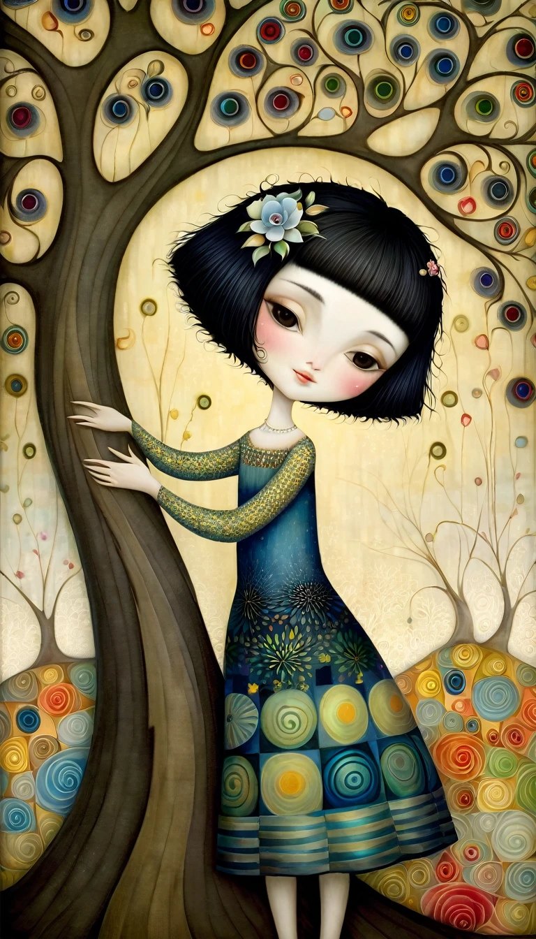 European woman with short black hair, Wide Skirt, Woman with short black hair, Wide Skirt, She is hugging a tree and smiling gently., Klimt-inspired patchwork style, Nicoletta Ceccoli, Naoto Hattori, Laurence Didier, and Leonora Carrington, Complex patterns and details, Photorealistic 8K resolution, masterpiece quality, Bright and vibrant colors, Dramatic lighting casts surreal shadows, Fantastic and whimsical elements, Magical realism atmosphere, Wide-angle perspective creates an illusion.