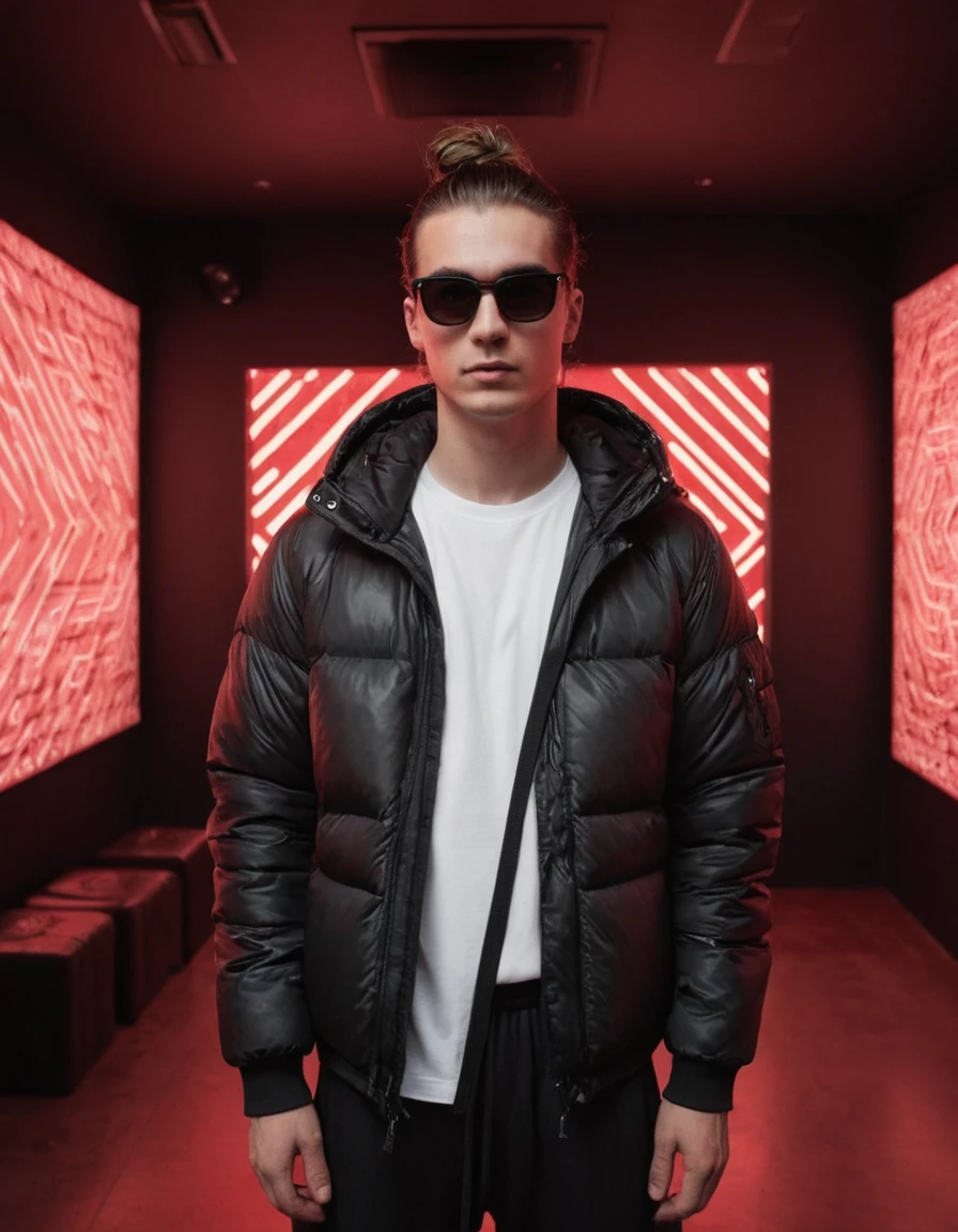 The young man is standing in the center of a music studio, modern room illuminated by intense red and white neon lights forming geometric patterns on the ceiling. He has long, brown hair tied back in a neat man bun, and he sports dark sunglasses that add to his cool, enigmatic demeanor. His attire is stylishly casual yet clearly high-end: he wears a black, glossy puffer jacket over a plain white T-shirt, paired with black sweatpants that have white drawstrings and a small, noticeable logo on the left thigh.

A black crossbody fanny pack, worn diagonally across his , is another prominent feature of his outfit. The bag appears to be made of a textured material with a shiny zipper and a small, subtle brand logo. His overall style blends comfort with urban chic, suggesting a keen awareness of contemporary fashion trends.