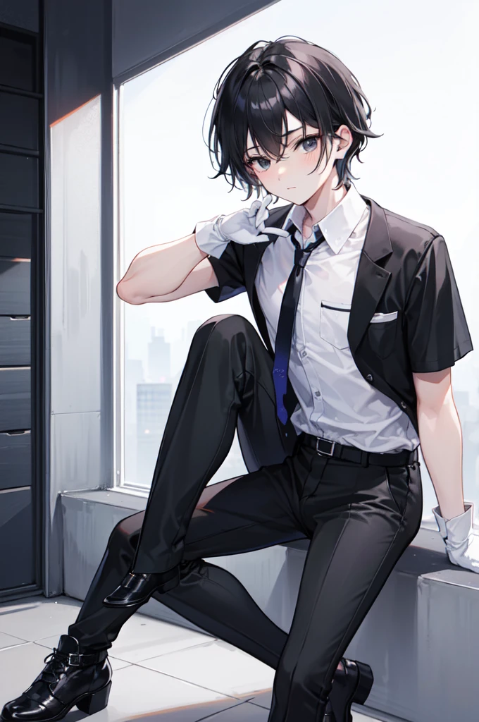 18-year-old boy，cute，Wear a white short-sleeved shirt and a black work tie，Wear black pants，Wear black booties，Wear white gloves，Black hair，Black eyes，Seductive pose