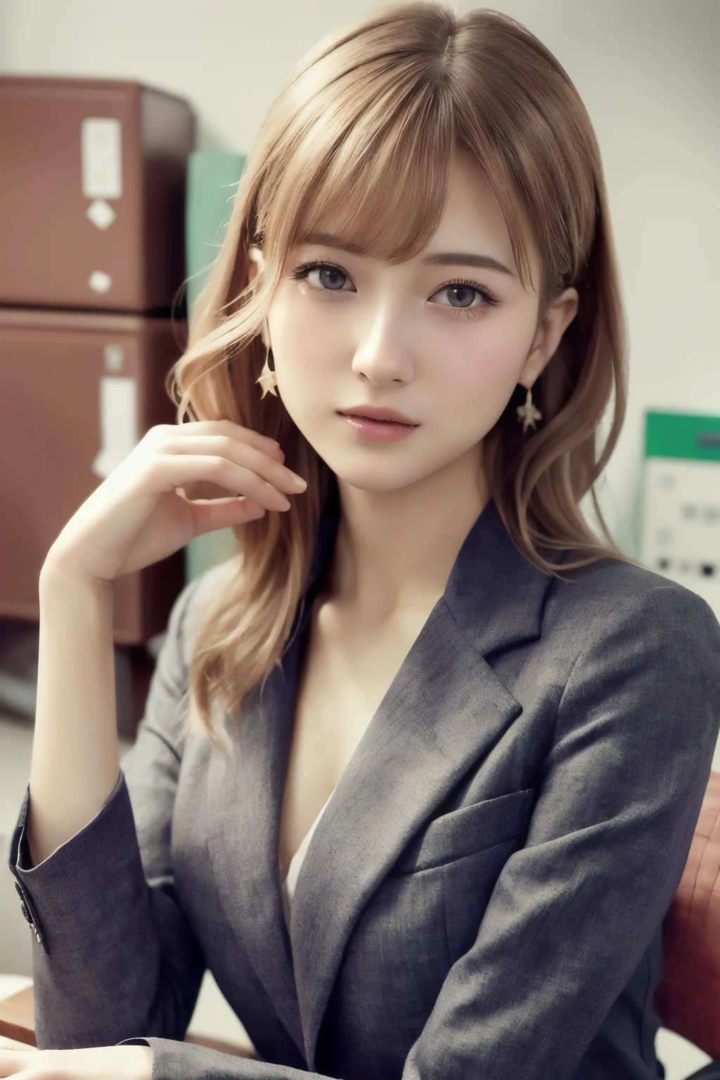 (RAW Photos, Highest quality), (Realistic, photo-Realistic:1.3), masterpiece, Very delicate and beautiful, Very detailed, CG, Unity , 2k wallpaper, wonderful, In detail, A light smile, Very detailed CG Unity 8k wallpaper, Large file size, Very detailedな, High resolution, Absurd, Soft Light, (((Medium Hair:1.3), Short bangs, NovaFrogStyle)), Beautiful detailed girl, Detailed fingers, Very detailed eyes and face, Beautiful and detailed nose, Beautiful details, Long eyelashes, Light on the face, Cowboy Shot、Show Viewer,((Office Suits:1.5)), One Girl, cute, young, Adult face, (whole body:1.3),  Realistic face, Realistic body, Beautiful thigh detail, 